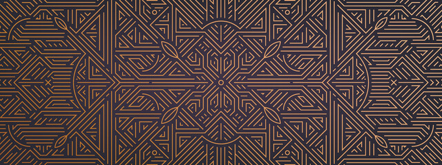 Vector abstract geometric golden background, gatsby style pattern. Art deco wedding, party, geometric ornament, linear style. Horizontal luxury decoration element, banner, gold and black.