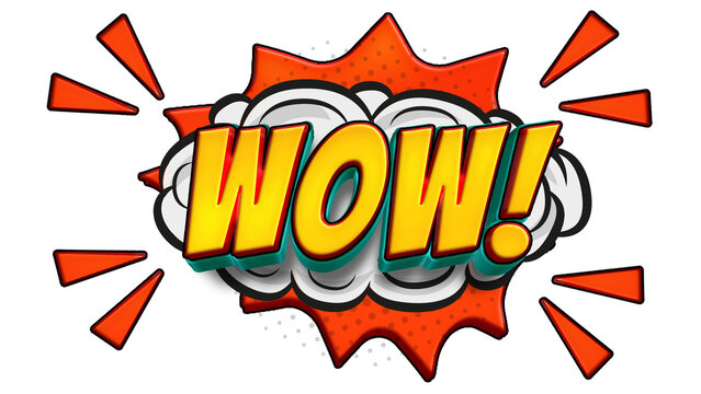 wow cartoon comic 3d text  speech bubble with red explosion and cloud funny
