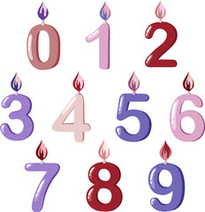 Vector colorful birthday candles. Candles with numbers from zero to nine