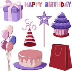 Vector birthday clipart set. Cake, gift box, balloons and birthday hat