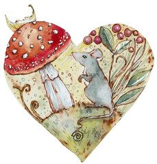 Forest Heart. Mouse and fly agaric mushroom. Little scene. Watercolor hand drawing illustration