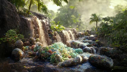 Fotobehang Mountain waterfall, tropical trees, shrubs, rocks © Zaleman