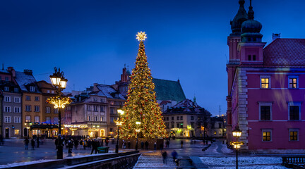 Beautiful illuminated Christmas Tree in the old town of Warsaw