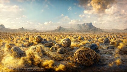 Desert, African panoramic background with tumbleweed, with yellow sand, mountains under the sky