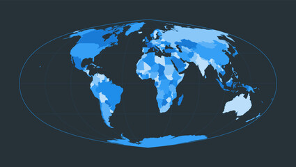 World Map. Foucaut's sinusoidal projection. Futuristic world illustration for your infographic. Nice blue colors palette. Creative vector illustration.
