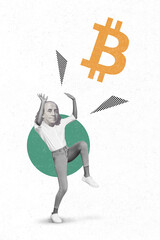 Collage photo of young dancing student retro person headless franklin face money bitcoin grow up...