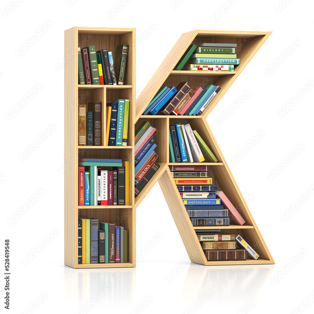 Aufkleber Letter K in form of bookshelf with book and texbooks. Educational and learning conceptual font and alphabet.