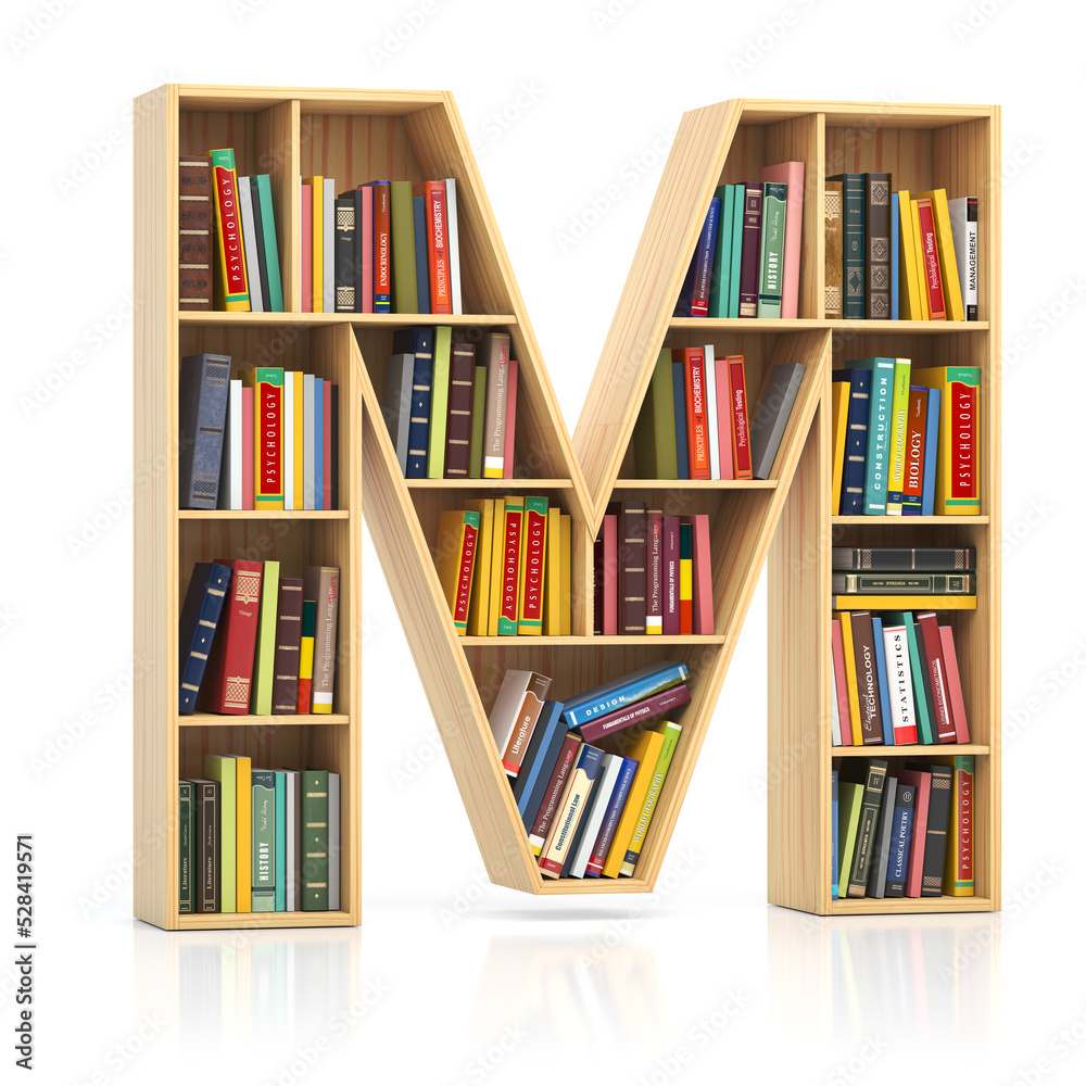 Leinwandbilder letter m in form of bookshelf with book and texbooks. educational and learning conceptual font and a