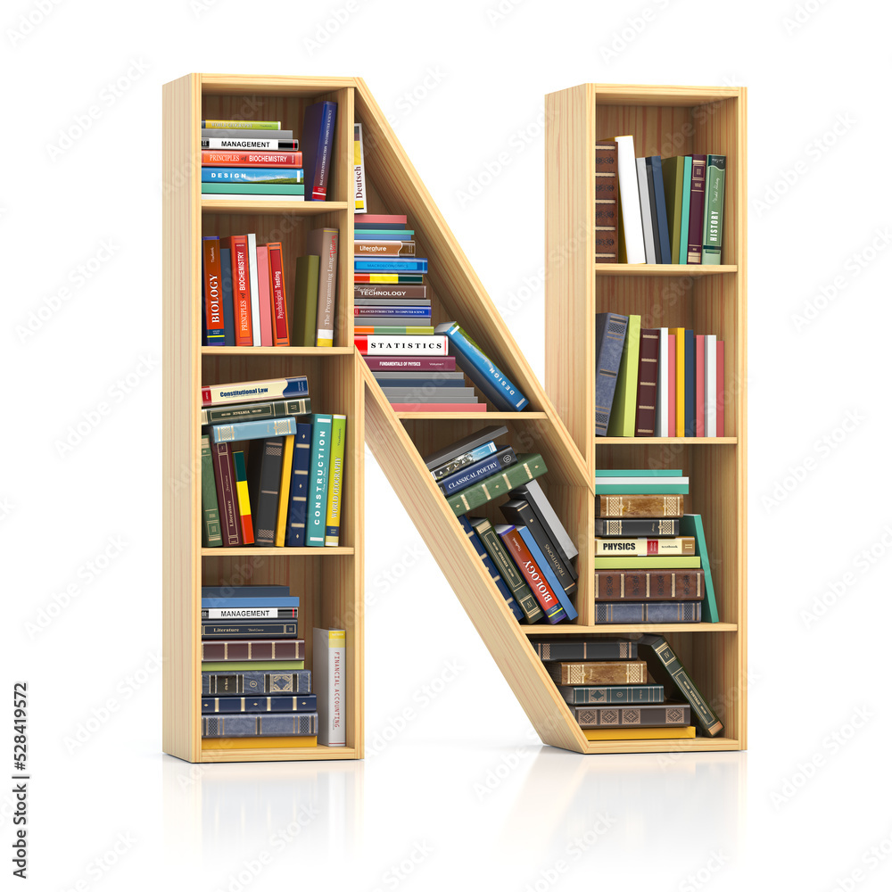Poster Letter N in form of bookshelf with book and texbooks. Educational and learning conceptual font and alphabet.