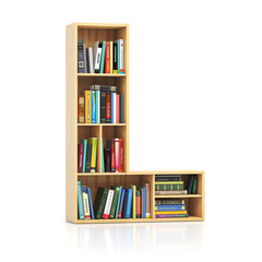 Letter L in form of bookshelf with book and texbooks. Educational and learning conceptual font and alphabet.