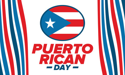 Puerto Rican Day. National happy holiday. Festival and parade in honor of independence and freedom. Puerto Rico flag. Latin american country. Patriotic elements. Vector poster illustration