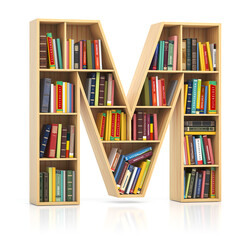 Letter M in form of bookshelf with book and texbooks. Educational and learning conceptual font and alphabet.