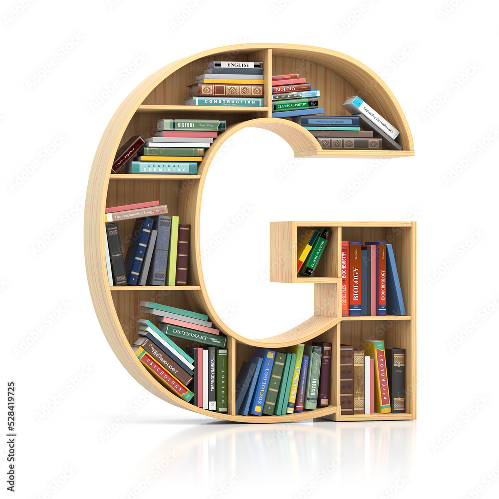 Aufkleber Letter G in form of bookshelf with book and texbooks. Educational and learning conceptual font and alphabet.
