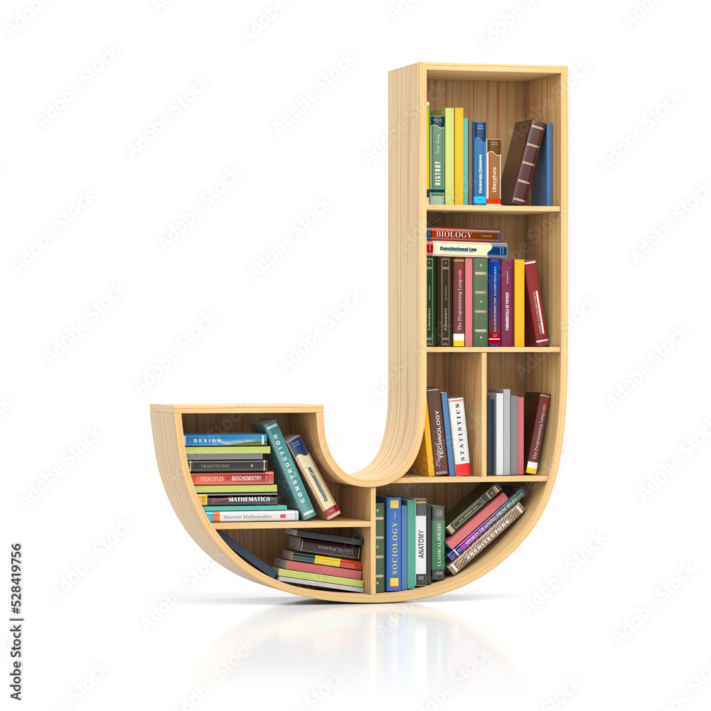Poster Letter J in form of bookshelf with book and texbooks. Educational and learning conceptual font and alphabet.