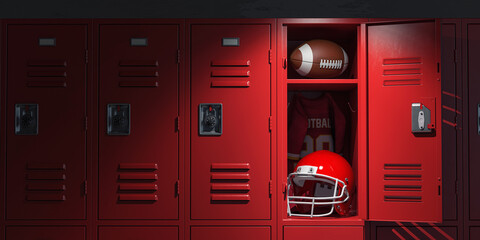American football locker room with equipment, ball and helmet. - 528419701