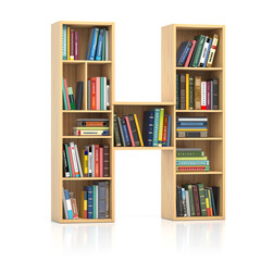 Letter H in form of bookshelf with book and texbooks. Educational and learning conceptual font and alphabet.
