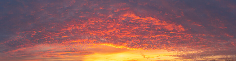 Stunning panoramic shot of clouds reflecting a magnificent sunset. Sky serving as the background. Copy space