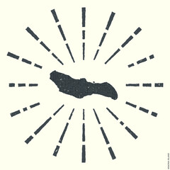 Saona Island Logo. Grunge sunburst poster with map of the island. Shape of Saona Island filled with hex digits with sunburst rays around. Superb vector illustration.