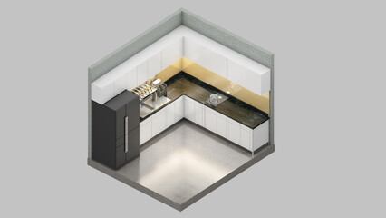 Isometric view of a kitchen,residential area, 3d rendering.
