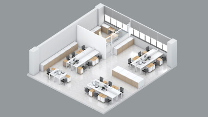 Isometric view of a office area,working and manager room, 3d rendering.