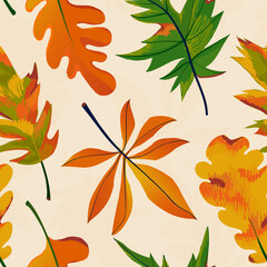 Hand drawn leaves abstract seasonal print. Cute autumn collage pattern. Fashionable template for design.