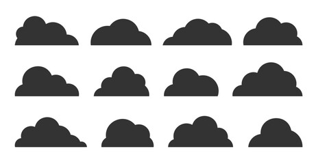 Clouds weAbstract black flat clouds icon set isolated on white. Different shapes fluffy cloud icons symbol collection. Climate meteorology web banner, database technology, networking storage applicati