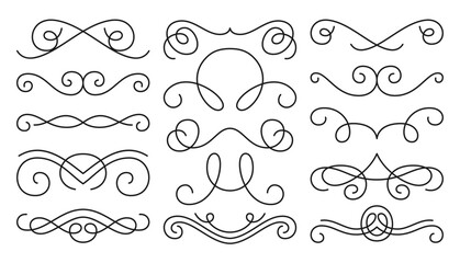 Divider border calligraphy decor set. Frame linear victorian flourishes. Vintage vignette scrolls, swirl black line pattern. Festive hand drawn retro typographic design element for card, menu, diploma