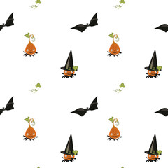 Halloween seamless pattern with cute pumpkin and vampire bat, cartoon flat vector illustration.