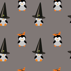 Cute penguins in Halloween costumes, vector seamless pattern, flat cartoon style.