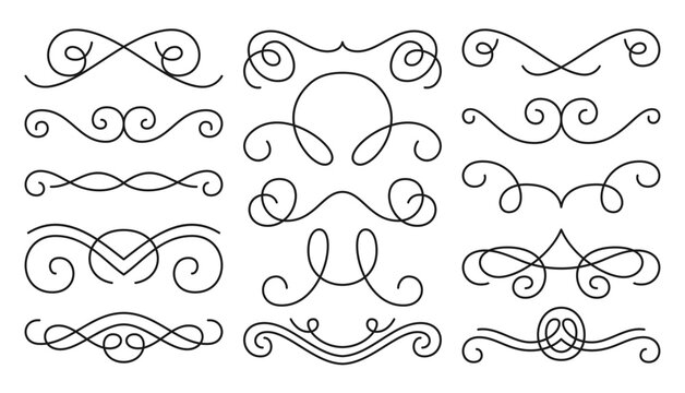 Divider border calligraphy decor set. Frame linear victorian flourishes. Vintage vignette scrolls, swirl black line pattern. Festive hand drawn retro typographic design element for card, menu, diploma
