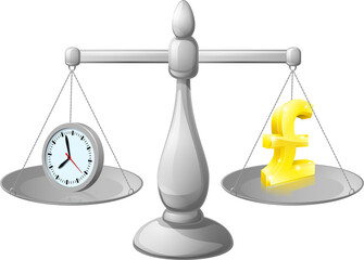 Time money balance scales, with a clock representing time on one side and pound sign on the other. Could represent work life balance or making best use of time, working smarter not harder.