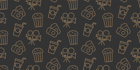 Cinema seamless pattern with icons Movie black background