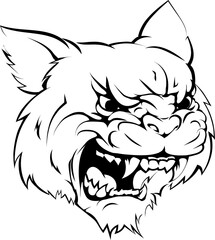 A black and white illustration of a fierce wildcat animal character or sports mascot