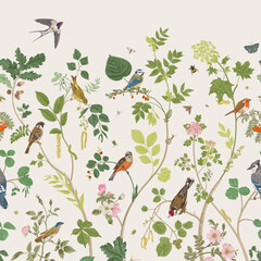 Garden Birds. Mural. Vector vintage illustration. - 528423102