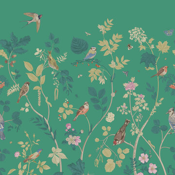 Garden Birds. Mural. Vector vintage illustration. Fancy