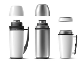 Opening cup thermos. Different types realistic opened thermo flasks with swirling cup caps, maintaining drinks temperature, travel containers for hot beverages, 3d objects, utter vector set