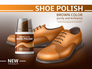 Realistic shoe care poster. Footwear polish cream, brown leather male classic boots with lacing, 3d repair product, product presentation, marketing promotional, utter vector concept