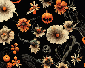 A Halloween abstract pattern with spooky flowers and ghosts, on a black background. - obrazy, fototapety, plakaty