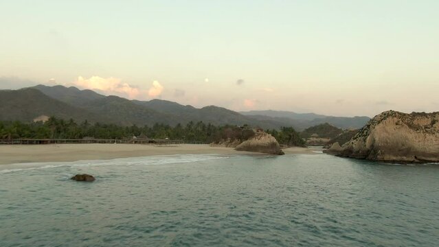 Famous Camping Beach With Sandy Shore In Maruata, Michoacan, Mexico. Aerial Drone Shot