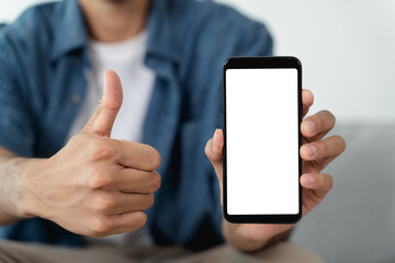 Man hand holding blank empty white screen smart phone.