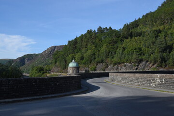 Garreg Ddu dam at elan valley during the 2022 heatwave with the water level almost low enough to...