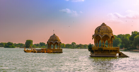 Ancient architecture ruins at Gadisar Lake also called Gadaria Lake is located in the Jaisalmer...