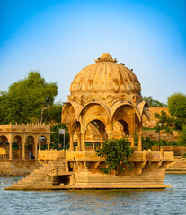 Ancient architecture ruins at Gadisar Lake also called Gadaria Lake is located in the Jaisalmer district of the Indian state of Rajasthan, which is an  artificial lake.