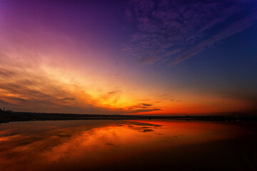 Fototapeta na wymiar Beautiful landscape with sunset, on the lake