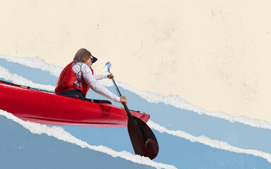Young woman, sportsman in canoe, kayak with a life vest and a paddle over colorful background with...