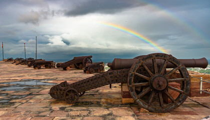 Cannons at the top of Mehrangarh fort, Jodhpur, Rajasthan, India.