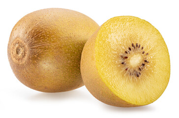 Golden kiwi fruit and cross cut of kiwi isolated on white background.