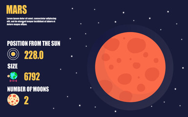 Mars planet infographic including planet size, position from sun, moons on outer space background 