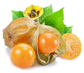 Ripe physalis or golden berry fruits with leaves and flower isolated on white background.