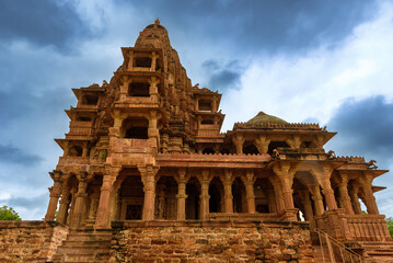 View of Scenic, landscaped grounds featuring tomblike monuments, a temple, statues , the ruins of Mandore Garden, Jodhpur,Rajasthan,India